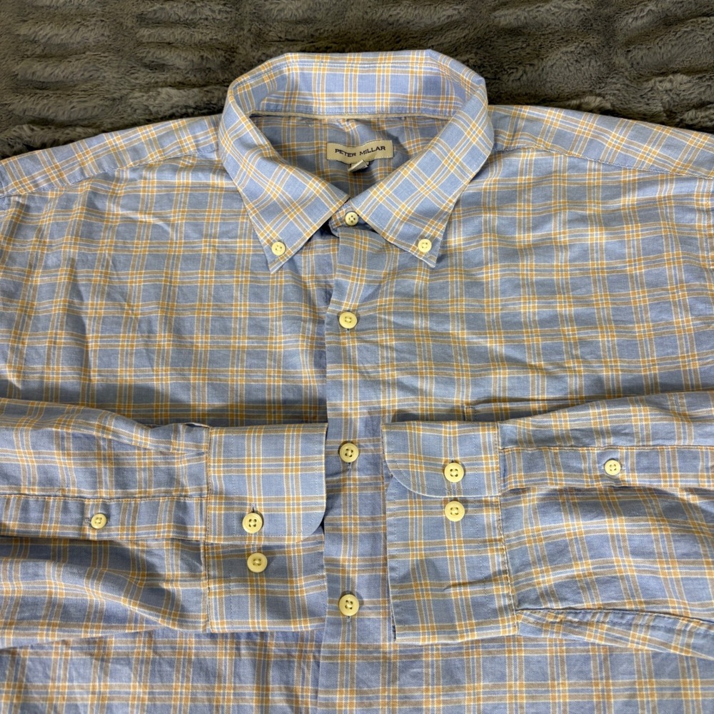 Peter Millar Mens XL Blue Orange Plaid Button Down 100% Cotton Long Sleeve Shirt - Picture 1 of 8